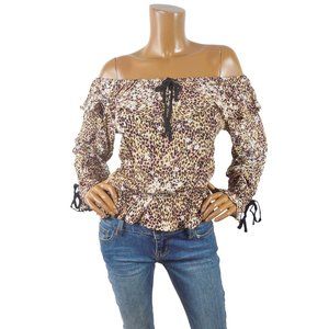 AMERICAN RAG Top L New $49 Tan/Pink Animal Print Blouse Cropped On/Off Shoulder